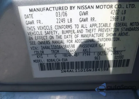 2006 Nissan Altima 2.5 S из США, поврежденный, VIN 1N4AL11D16N384598